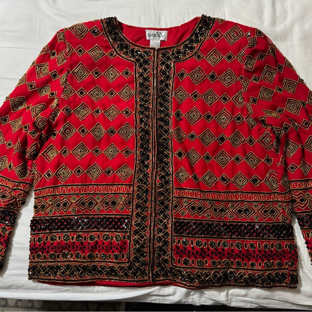 J Kara Red and Black Embroidered Silk Jacket